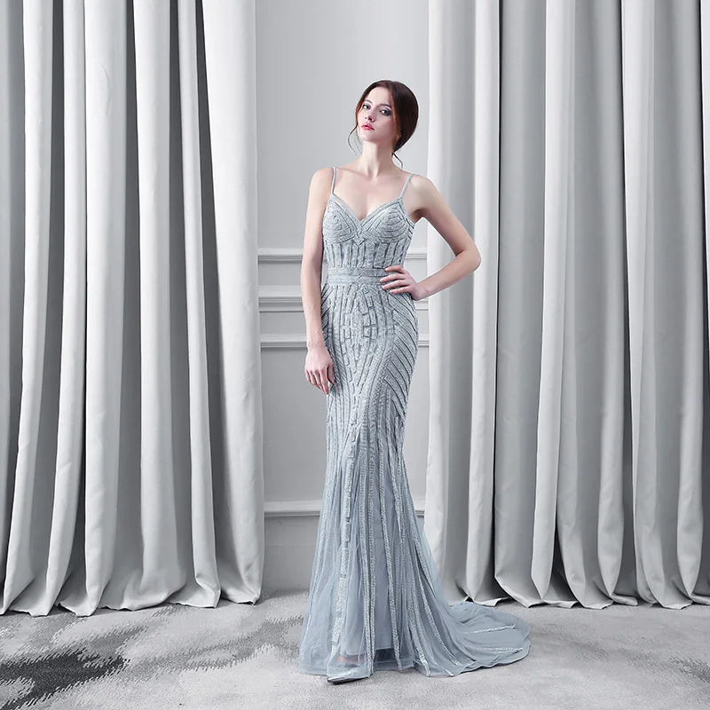 Silver Robe De Soiree Вечерние платья Русалка Тюль Спагетти ремень открытая спина развертки бисером реальное изображение Выпускные платья LSX116 - Цвет: Silver