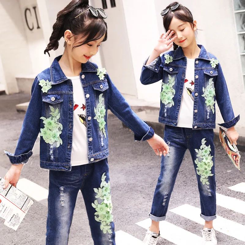 Children Autumn Denim Outfit Fashion Clothing Girls Green Flower Denim Jacket +Jeans Pants Long Sleeve Denim Kids Clothes Set