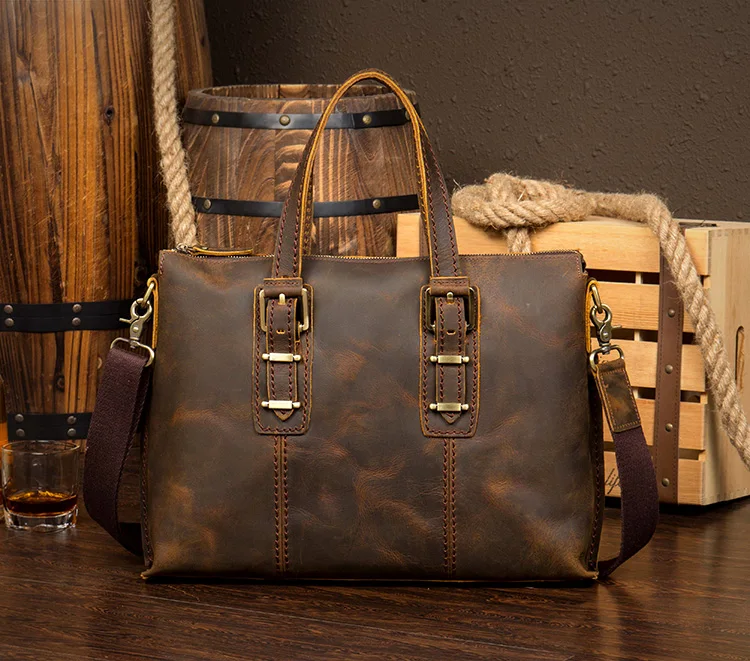 Vintage Crazy Horse Leather Men's Briefcase Laptop Bag Business Handbag Bag Genuine Leather Men Shoulder Bag Crossbody bag