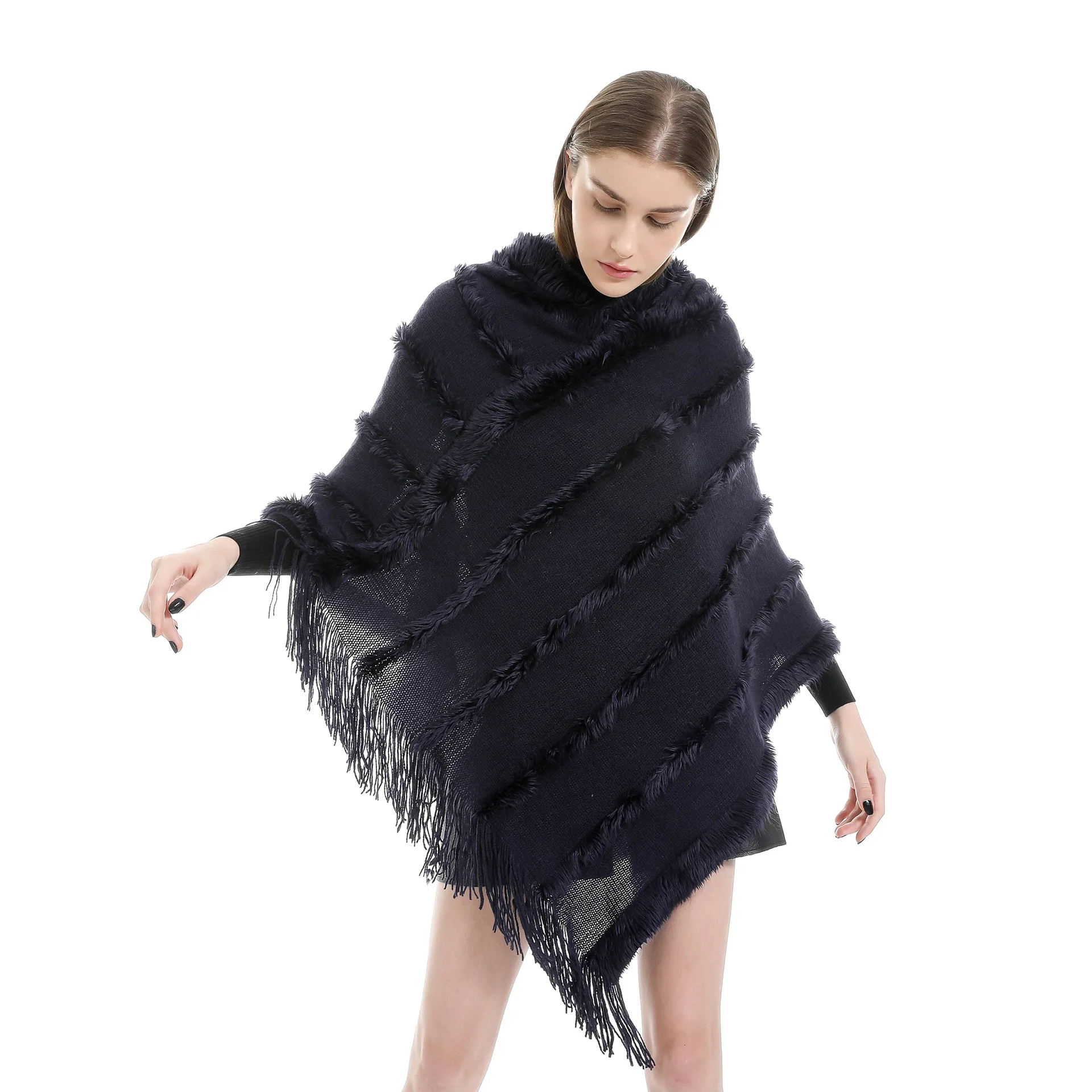 Autumn Winter Knitted Poncho Women Fur Hooded Ponchos and Capes Outdoor  Wear Fashion Blanket Coat Warm Sweater Pullover Tassel _ - AliExpress Mobile