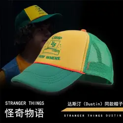 Странные вещи 3 Дастин шляпа ретро Mesh Trucker Кепка, бейсболка "Camp Know Where" зеленый желтый 85 знать, где Регулируемая шапка s