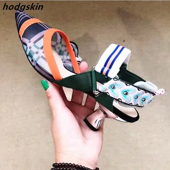 

Mary Janes Mesh Mixed Colors Patchwork Ladies Kitten Heels Shoes Pumps Slingback Striped Medium Stiletto Sandals Shoes Woman