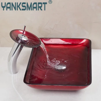 

Bathroom Washbasin Set With Glass Waterfall Mixer Spout Swivel Handle Tap Sink Hand-Painted Lavatory Brass Faucet Set