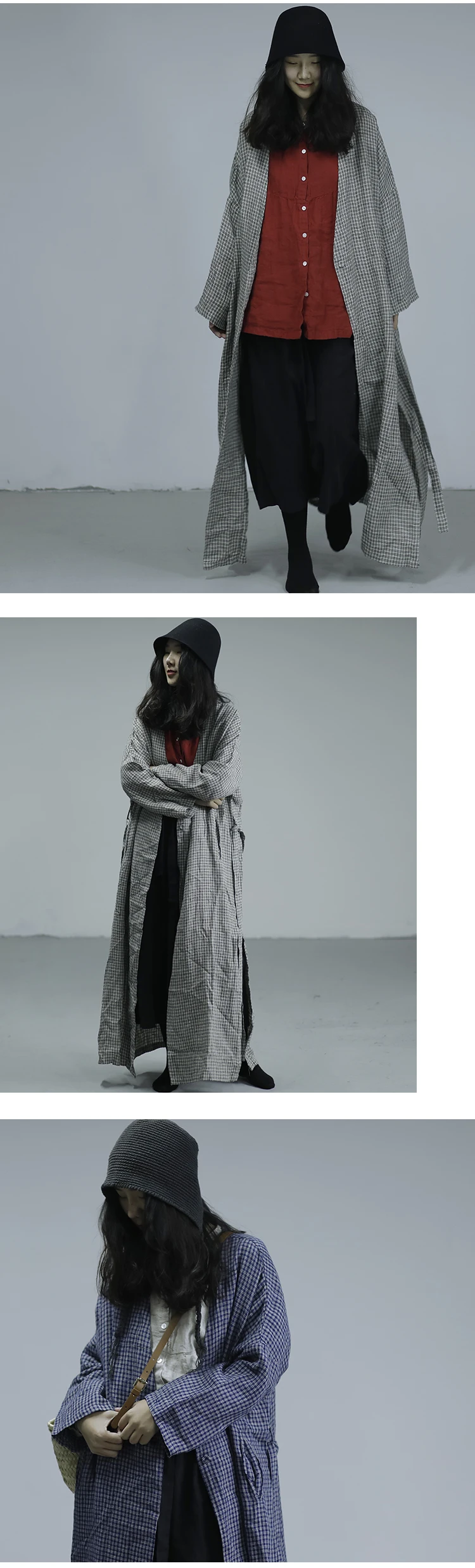 Квадратная клетчатая одежда Yohji Yamamoto, хлопковое льняное пальто средней длины с художественным рисунком, Тренч 19019-1