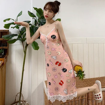 

Cute Sailor Moon Print Nightdress Summer Cartoon Sexy Spaghetti Strap Sleepwear Sleeveless Lace Homewear with Chest Pad S018