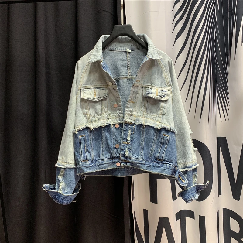 

Women's Denim Jacket European Trend New Style Spring Autumn Jeans Coat Loose-Fit Holes Short Denim Coat Female Ropa Mujer