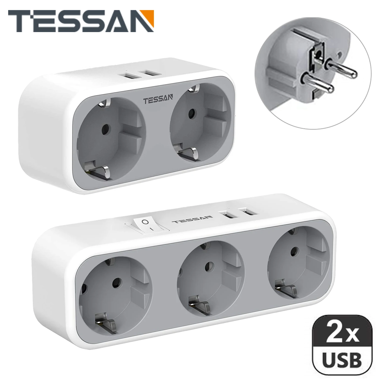 TESSAN Ladron Plano Moderno de Enchufes Multiples con 3 Shucko y 2 USB,  para Cocina, Hogar, Blanco y Gris : : Electrónica