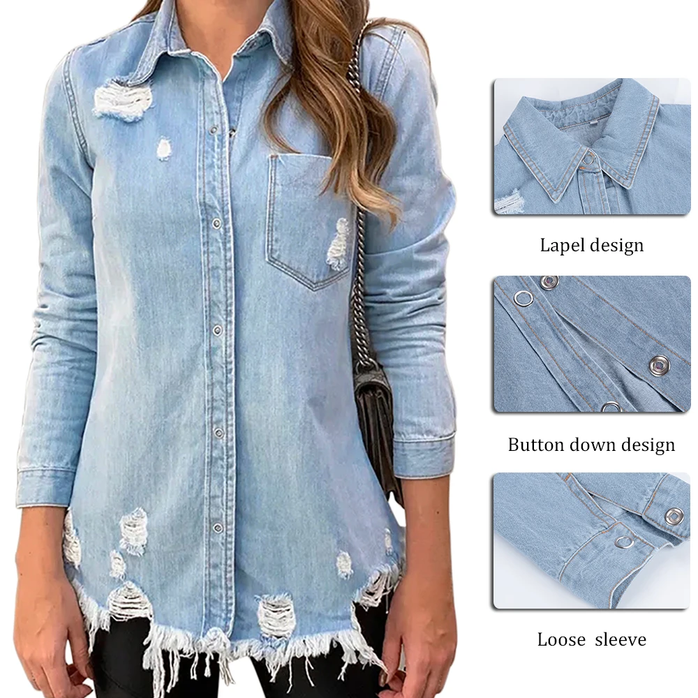 Модная Джинсовая блузка с дырками, осенняя одежда, винтажная женская рубашка, повседневные облегающие топы, джинсовые рубашки на пуговицах, джинсовая рубашка, женская рубашка