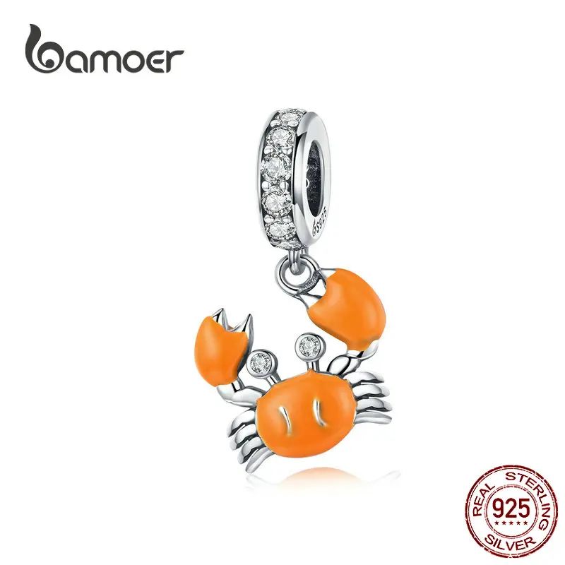 

BAMOER Summer Crab Charms for Women Jewelry Making Sterling Silver Enamel Charm fit Silver European Snake Bracelet 3mm BSC076