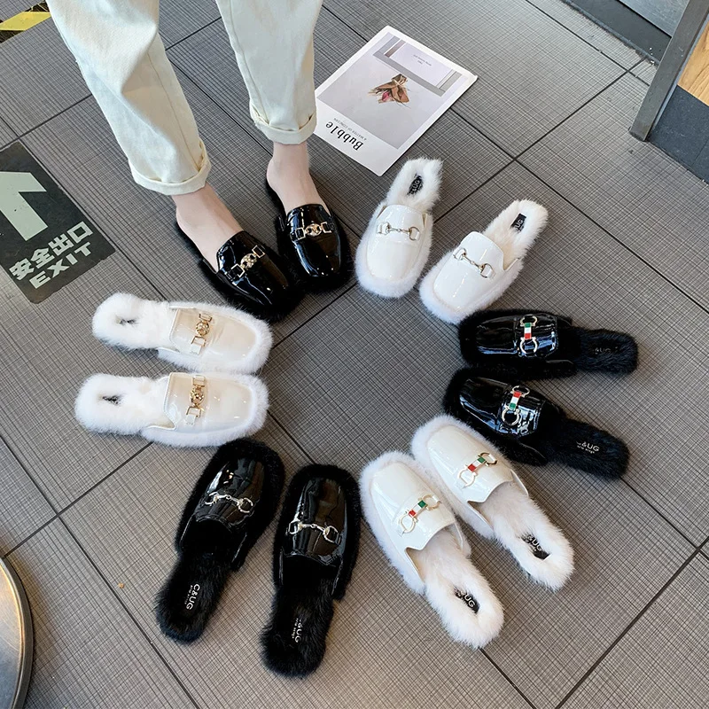 

Plush Slipper 2019 New Style Outer Wear Versitile Fashion Online Celebrity Closed-toe Semi-SLIPPER Women's Rabbit Fur Moccosins