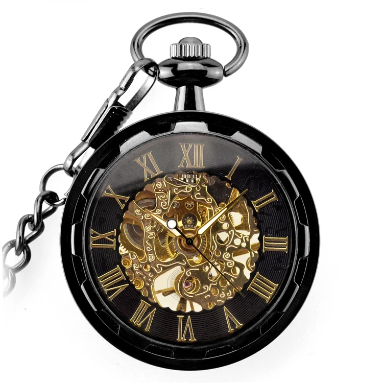 

5pcs Antique Black Unisex Mechanical Pocket Watch Open Face Women Man Retro Roman Number Necklace Pendant