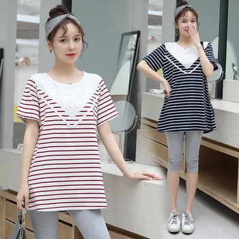

619# Striped Cotton Patchwork Lace Maternity Shirt Summer Casual T-shirt Clothes for Pregnant Women Pregnancy Tees Tops