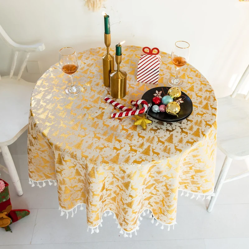 Tanie Brązujący obrus boże narodzenie okrągły obrus Nappe tabeli pokrywy wesele obrus dla domu wystrój stołu nowy rok Mantel