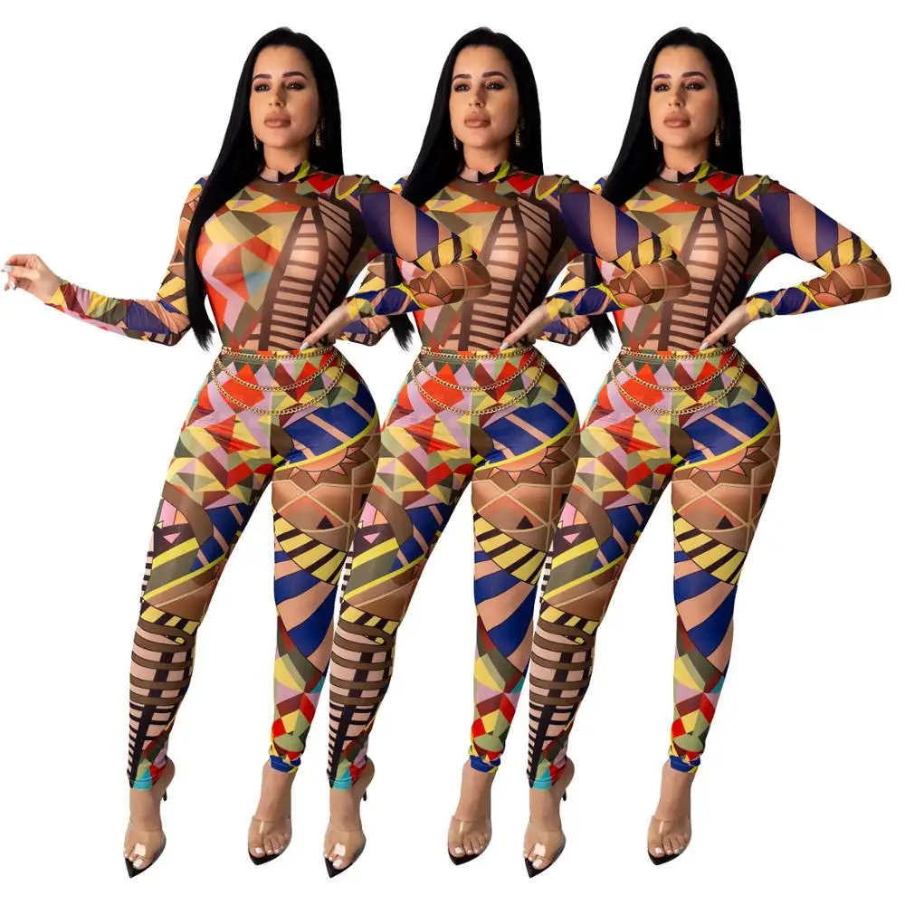 

Autumn Women's Sexy Geometric Pattern Positioning Printing Skinny Jumpsuit with Trousers Two-piece Fall Female Suit
