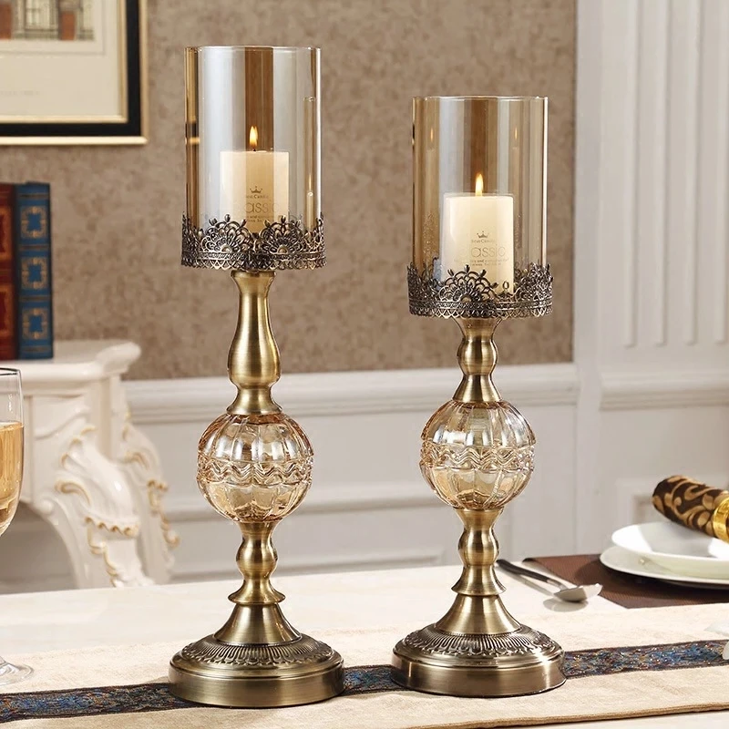 Luxury European High Table Decor Ornaments Candlelight Dinner Props Crystal Metal Candle Holders Retro Crafts
