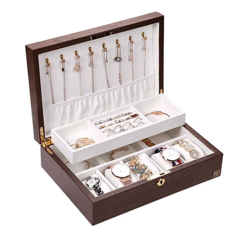 

New Ring Necklace Earrings Large Capacity Storage Case Wooden Jewelry Box Women with Lock Jewelry Display Double Layer Light Col