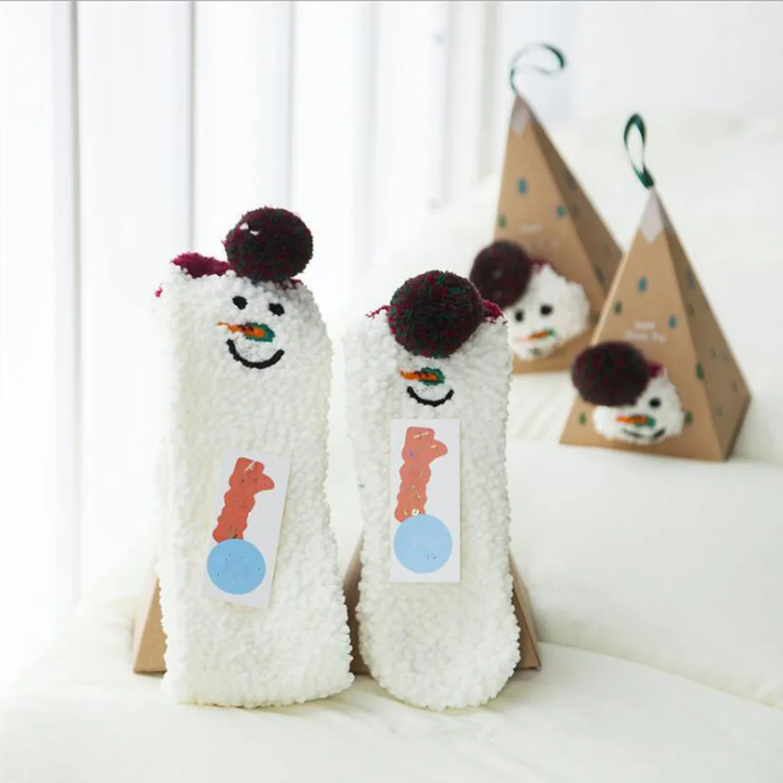 Snowman Милые Рождественские Носки с рисунком оленя в виде животных, подарок, объемные пушистые коралловые бархатные толстые теплые зимние носки для женщин, подарок на год, носки с коробкой - Цвет: Snowman