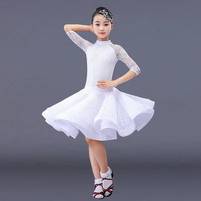 White half sleeve Кружевное платье для латиноамериканских танцев для девочек, детская танцевальная юбка для девочек, танцевальная одежда для танго, сальсы, одежда для занятий спортом - Цвет: White half sleeve