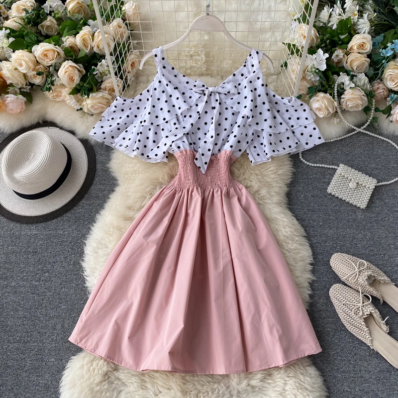 Boho Ruffles sexy Off shoulder polka dot print patchwork Summer short Dress Women slim waist dress casual a-line beach dress