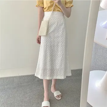 

Alien Kitty 2020 White Embroidery Hook Flowers Vintage Female High Waist Gentle Fashion All Match Stylish Sweet Girls Skirts