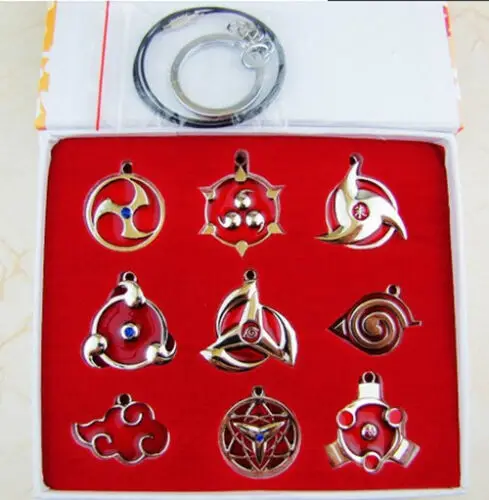 

Naruto Sharingan Konoha Necklace Pendant Keychain Keyring 9pcs Set Cosplay Prop