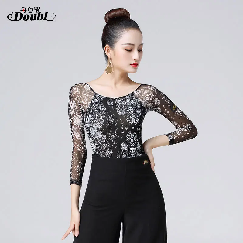 DOUBL One-piece Top Set Female Adults Latin Dance Top Modern Long Sleeve Practice Dance Practise Tops for Women UpperClothing
