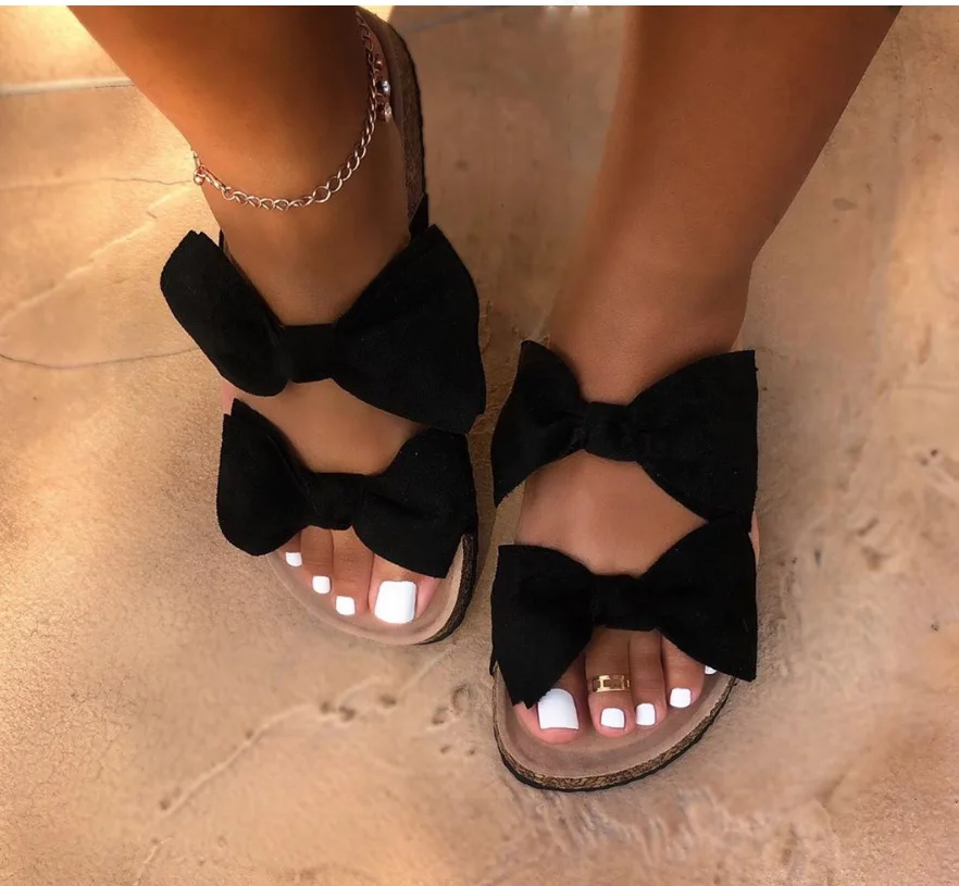 Г., новые летние женские сандалии Женская пляжная обувь на плоской подошве с бантиком модные домашние тапочки для студентов - Цвет: Черный