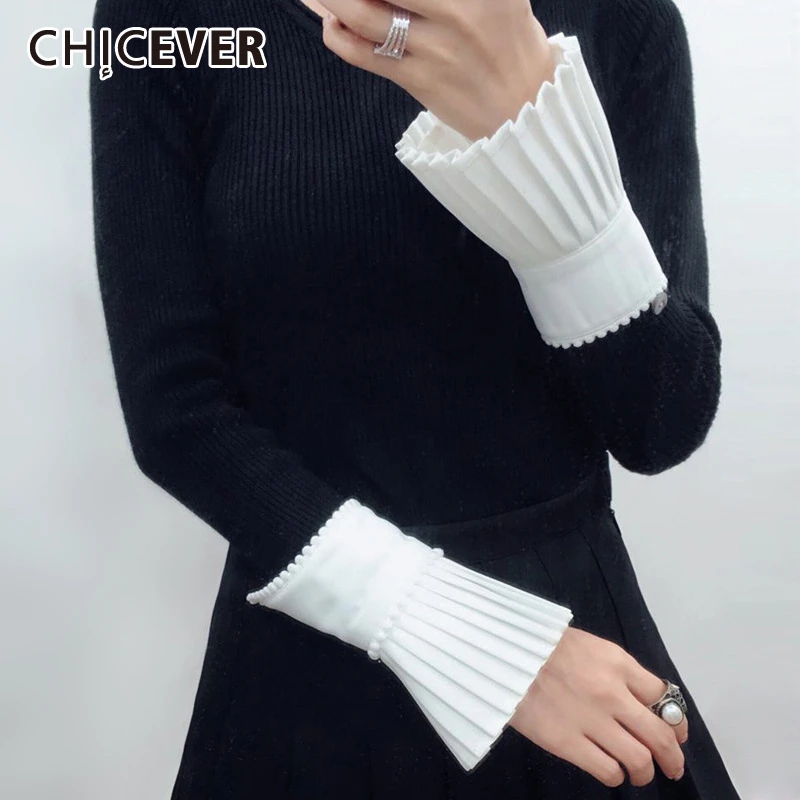 Женские вязаные перчатки CHICEVER белые плиссированные с манжетами и бусинами весна