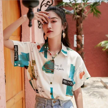 

COIGARSAM Vintage Print Shirt Womens tops Short Sleeve Chiffon Loose Women shirts A295