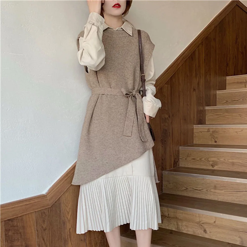 

Spring Two Piece Set High Waist Knitted Sweater Vest And Solid Pleated Shirt Dress Women Sets Korean Elegant Causal 2PCS Set