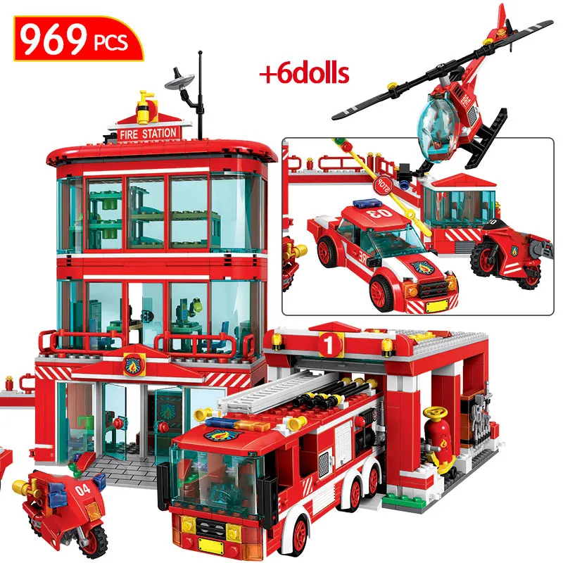 

969pcs City Police Firefighter Figures Bricks Legoingly Fire Station Fire Truck Car Helicopter Building Blocks Toys for Children