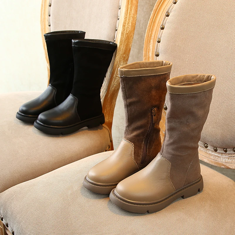 

Kids Boots Leather Winter Fashion Girls Knee-high Boot Matched Color Warm Shoes for Girls Martin Boots Anti-slip Size26-37 SX279