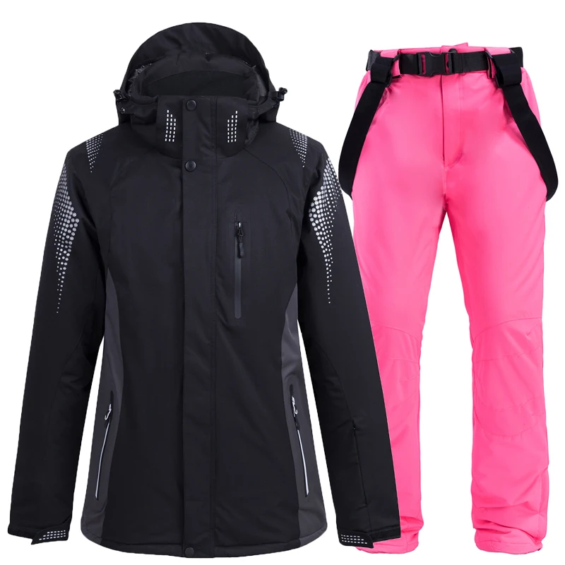 30 черных цветов Мужская и женская зимняя одежда Сноубординг наборы водонепроницаемые дышащие, для активного отдыха и спорта лыжные куртки+ нагрудники зимние штаны - Цвет: Pic Jacket  and pant