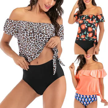 

2019 Top Sales Women Sexy Printed Lengerie Push-Up Pad Underwear Set Off Shoulder Lady Bathing Suit High Waisted Female Intimate