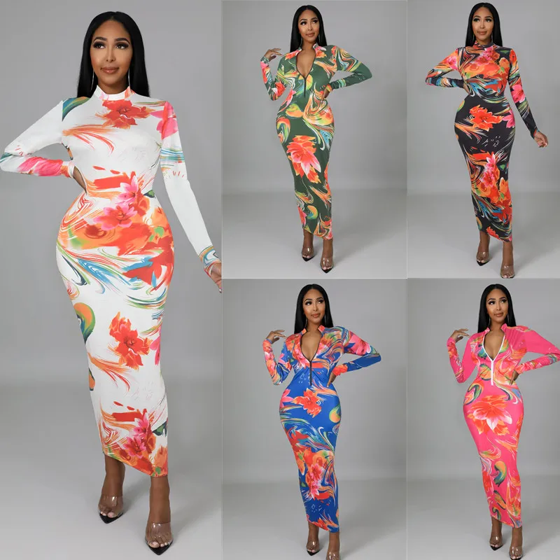 

SKMY Womans Clothing Party Dresses 2023 Summer New Long Sleeve Zipper Round Neck Fashion Printed Floral Dress Bodycon Clubwear