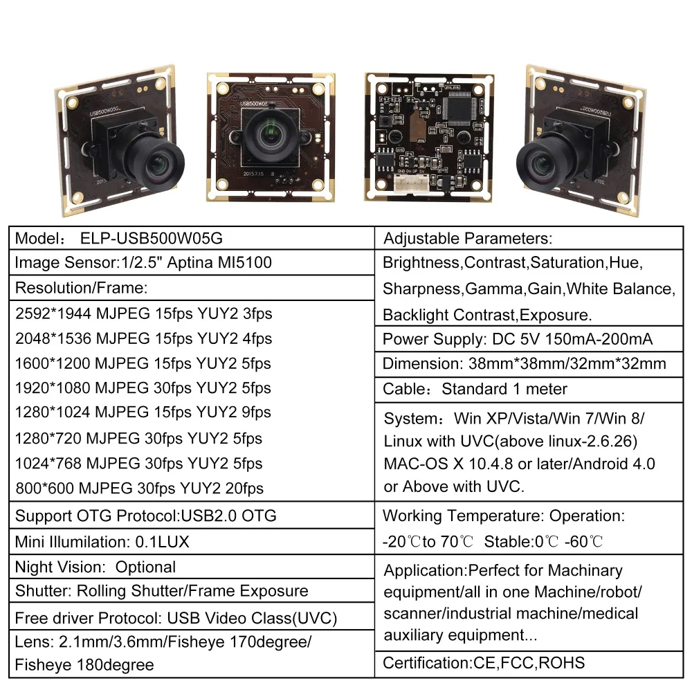 5mp 2592X1944 высокая скорость Aptina MI5100 HD MJPEG 30fps при 1080P 90 градусов без искажений Объектив Usb Cmos модуль камеры
