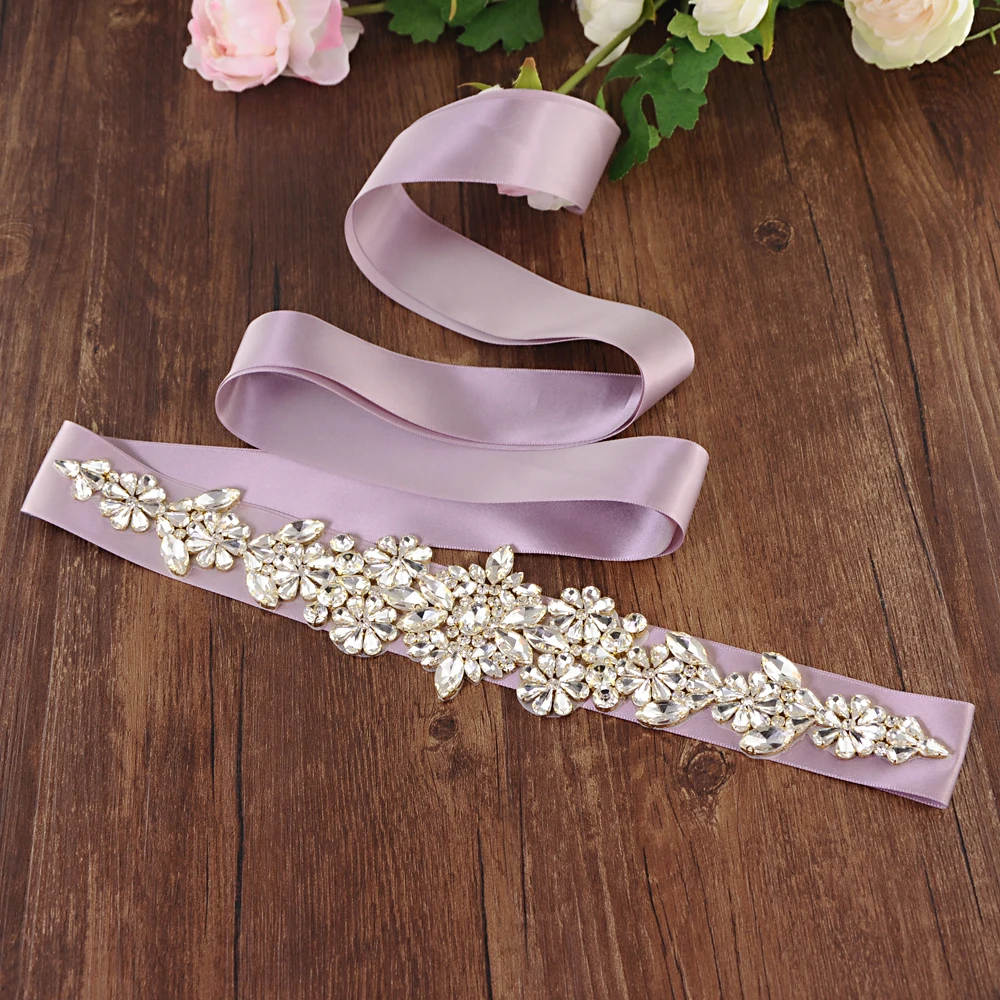 TRiXY S325-G Rhinestone Wedding Belts Satin Gold Diamond Wedding Dress Belt Wedding Accessories Bridal Ribbon Sash Belt