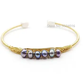 

Natural Black Fresh Water Pearl Bracelets Natural White Pearl Bangles Cuff Opening Bracelet Bohemian Copper Rope Pearl Bangles