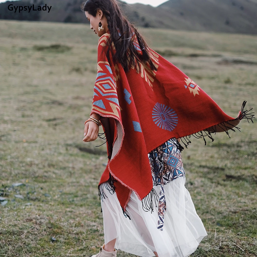 Женский винтажный кардиган с капюшоном GypsyLady пончо длинным рукавом в этническом