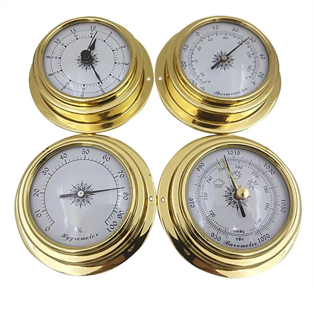 

4PCS 98mm Copper Shell Zirconium Marine Barometer Thermometer Hygrometer Barometer Clock for Weather Station