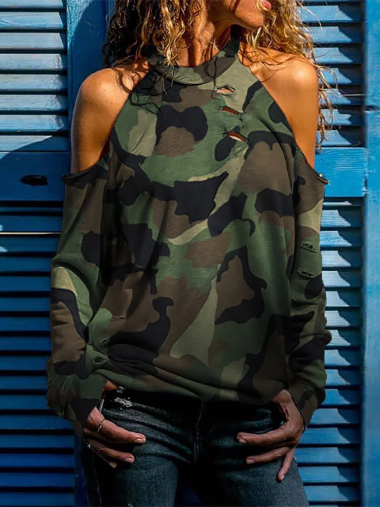 

Women Fashion New Camouflage Cold Shoulder Distress Design Long Sleeve Casual Blouse