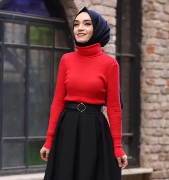 

Turkey Muslim Knit Turtleneck Sweater Women Solid Collar Long Sleeve Basic Tops Sweaters Dubai Sweet Knitwear Islamic Clothing
