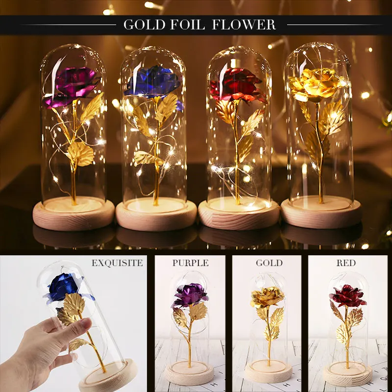 

Romantic Rose Flower Glass Cover LED 24K Gold Flowers Eternal Flower Immortality Gold Foil Rose Gift Party Wedding Decoration
