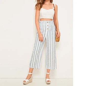 

Women Stripe Pants High Waist Straight Ankle Length Wide Leg Pants Trousers Casual Button Elastic Pants Capris