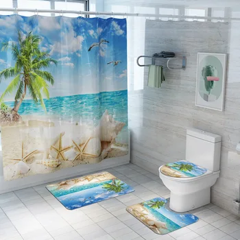 

2020 New Pattern Waterproof 3D Digital Beach Printing Shower Curtain Toilet Cover Bath Mat Non-Slip Rug Set