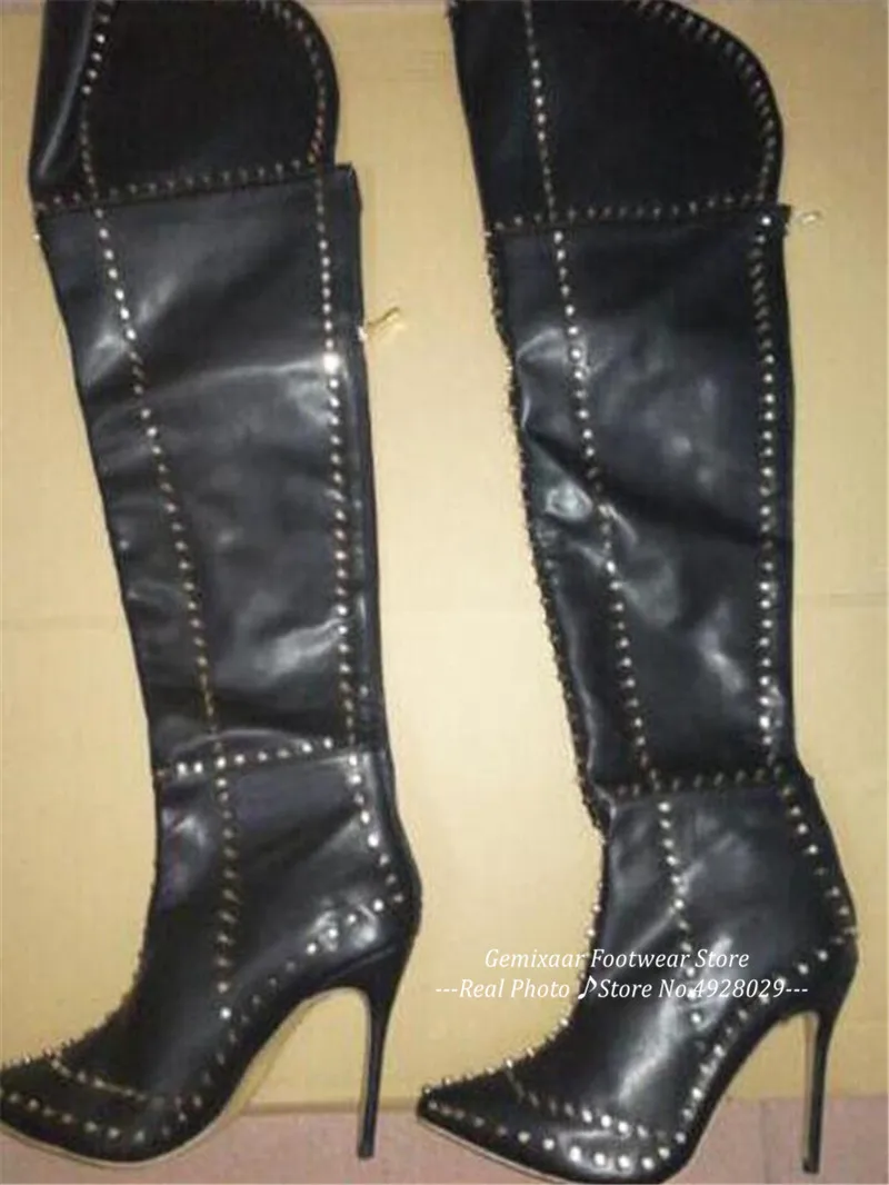 Black Leather Г. Зимние высокие сапоги женские узкие Сапоги выше колена с острым носком, молнией сзади, для прогулок, женские сапоги с заклепками разных цветов - Цвет: Black Leather