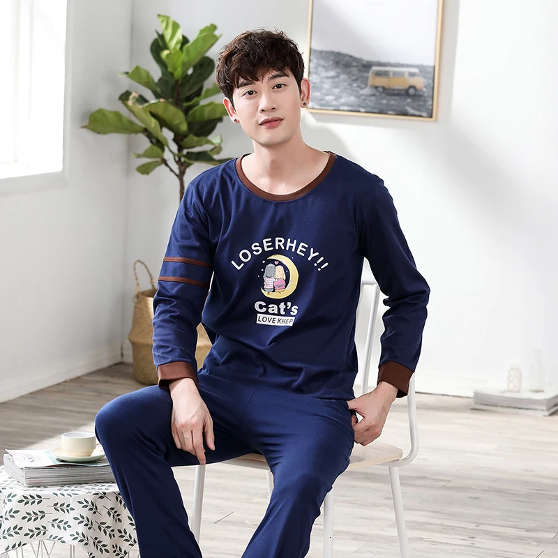 men pajama set Осенне-зимний мужской хлопковый пижамный комплект, полосатая Пижама с буквенным принтом, мультяшная Пижама, Повседневная Пижама для сна и отдыха размера плюс 3XL, Пижама - Цвет: men pajama set