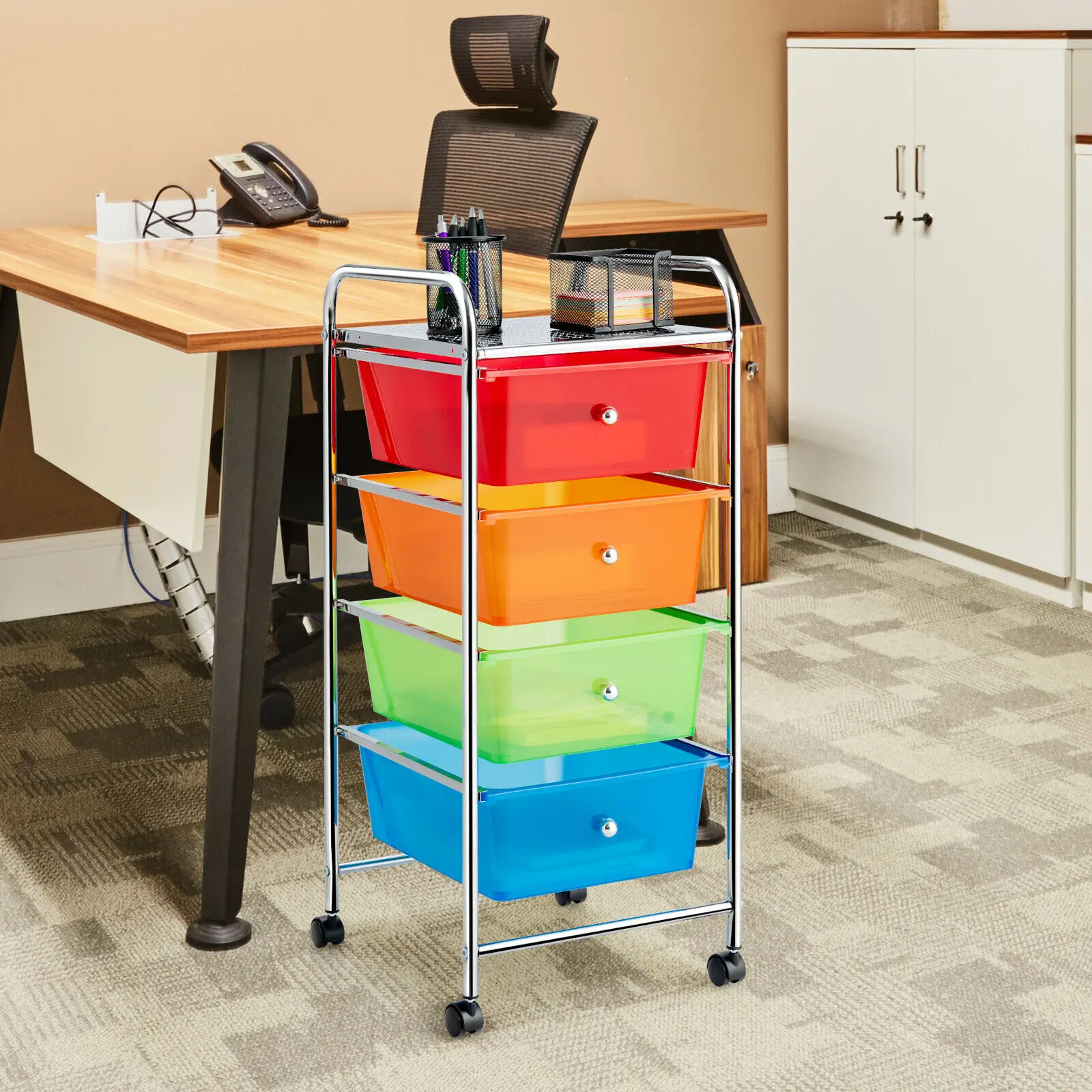 Costway 4-Drawer Cart Storage Bin Organizer Rolling w/Plastic Drawers  Rainbow