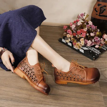 

2020 Spring And Summer New Style Flats Shoes Hollow out WOMEN'S Genuine Leather Retro Casual Lace-up Versatile Handmade Size