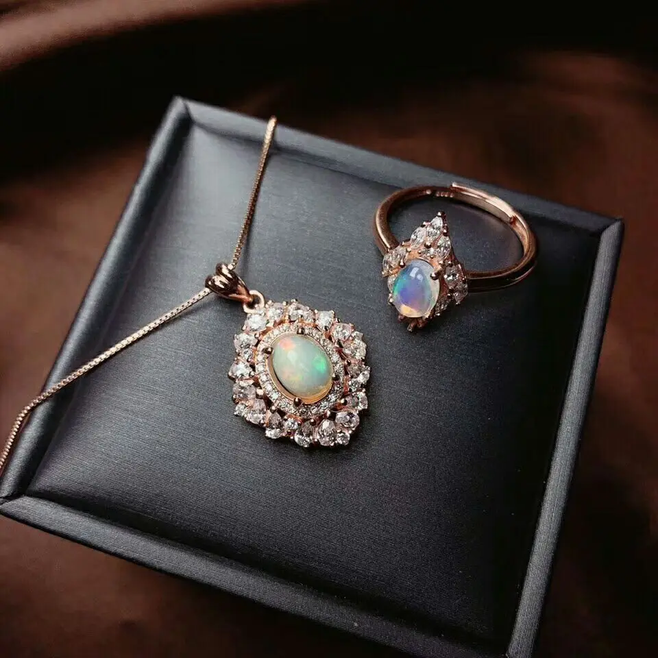 MeiBaPJ настоящий натуральный опал, драгоценный камень, цветок, кольцо, ожерелье, 2 предмета, костюм для женщин, настоящее 925 пробы, серебро, набор свадебных ювелирных изделий